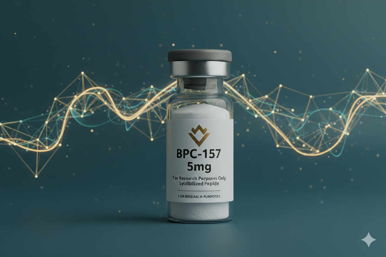 Bottle labeled 'BPC-157 5mg' research peptide for healing and recovery.